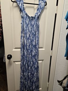 Bums & Roses Blue Floral Maxi with Ruffled Straps